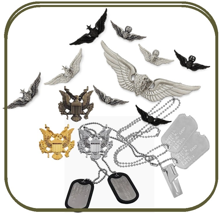 Pins, dog tags and insignia collection at Brigadoon Military Surplus